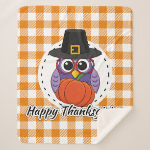 Pilgrim Owl on Orange Plaid - Happy Thanksgiving Sherpa Blanket