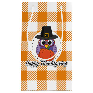Pilgrim Owl on Orange Plaid - Happy Thanksgiving Small Gift Bag