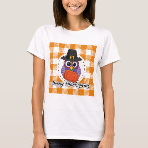 Pilgrim Owl on Orange Plaid - Happy Thanksgiving T-Shirt