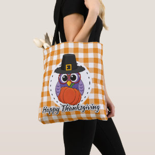 Pilgrim Owl on Orange Plaid - Happy Thanksgiving Tote Bag