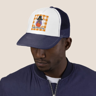 Pilgrim Owl on Orange Plaid - Happy Thanksgiving Trucker Hat
