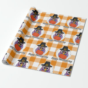 Pilgrim Owl on Orange Plaid - Happy Thanksgiving Wrapping Paper