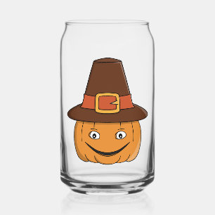 Pilgrim Pumpkin Grin Thanksgiving Can Glass