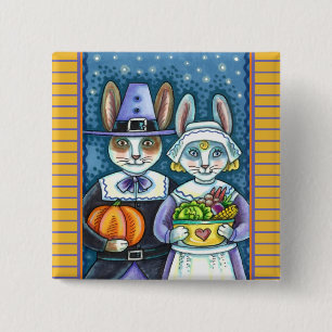 PILGRIM RABBITS, THANKSGIVING HARE'S HARVEST, CUTE 15 CM SQUARE BADGE