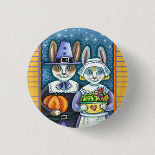PILGRIM RABBITS, THANKSGIVING HARE'S HARVEST, CUTE 3 CM ROUND BADGE