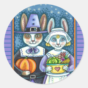 PILGRIM RABBITS, THANKSGIVING HARE'S HARVEST, CUTE CLASSIC ROUND STICKER