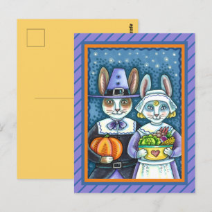 PILGRIM RABBITS, THANKSGIVING HARE'S HARVEST, CUTE POSTCARD