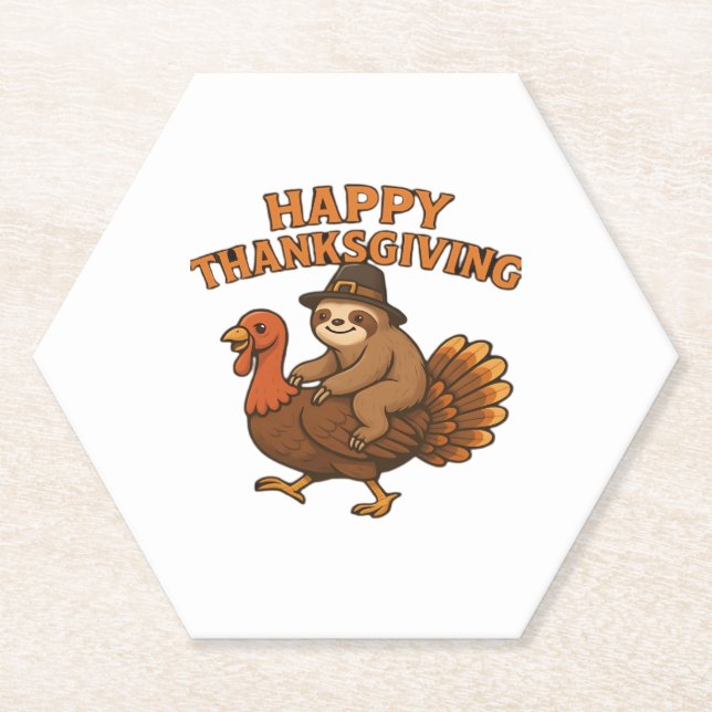 Pilgrim Sloth on Turkey Thanksgiving Classic T-Shi Paper Coaster (Front)