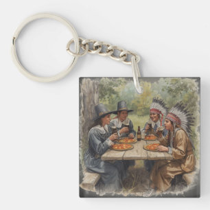 Pilgrims and Indians Pepperoni Pizza Dark Beer Key Ring