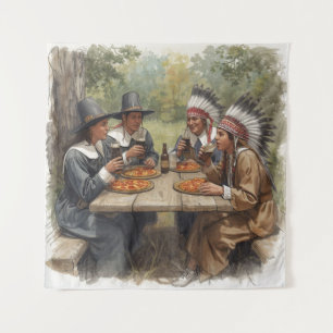Pilgrims and Indians Pepperoni Pizza Dark Beer Tapestry