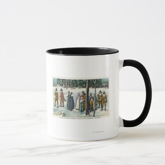 Pilgrims Going to Church in the Snow Scene Mug (Right)