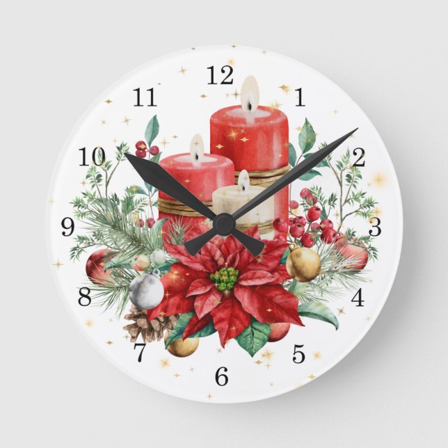 Pillar Candles, Poinsettia & Christmas Botanicals Round Clock (Front)