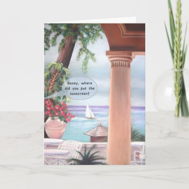 Pillar, Sea & Sailboat Happy Vacation Card (Front)