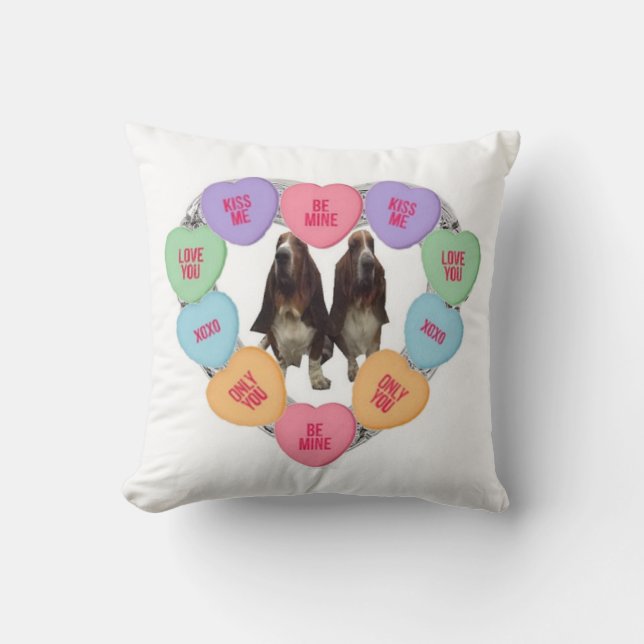 Pillow Candy Love Hearts With Bassets (Front)