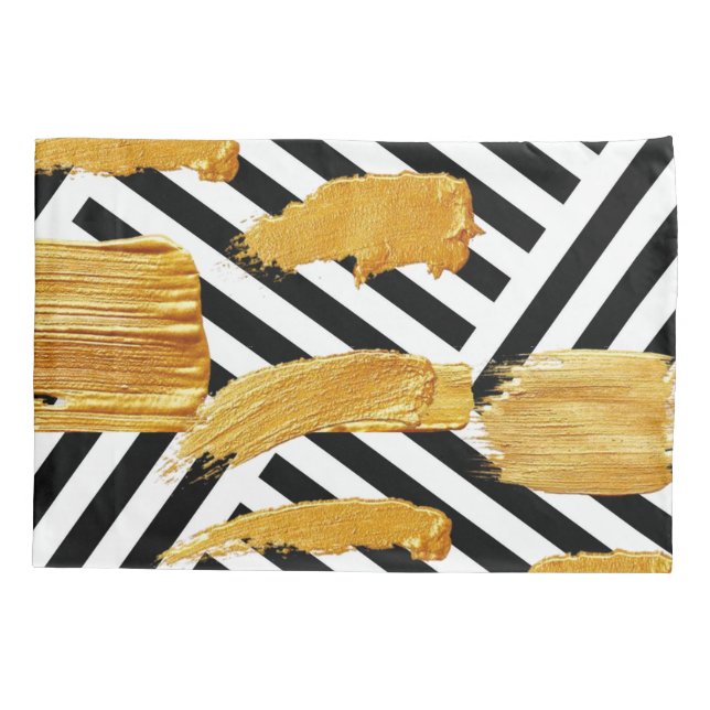 Pillow Case Black & White Stripe Gold  (Back)