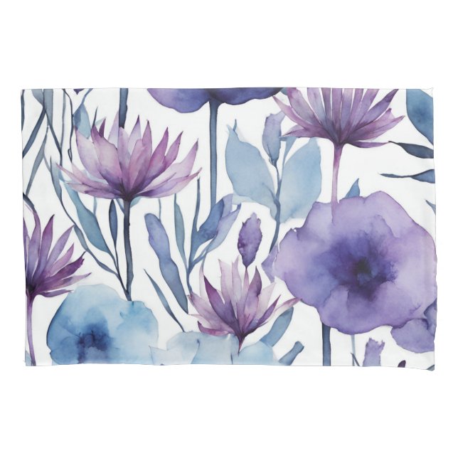 Pillow Case Purple And Blue Flowers Watercolor (Front)