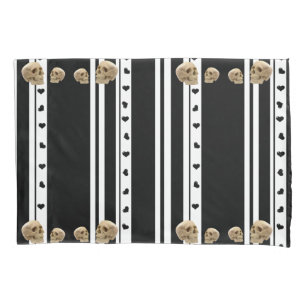 Pillow Case Skulls Black Hearts White Stripe