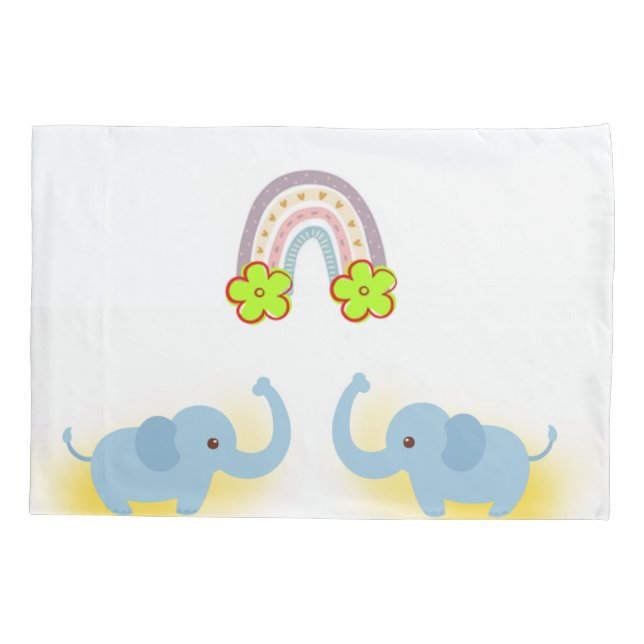 Pillow Case White Blue Elephant Floral  (Back)