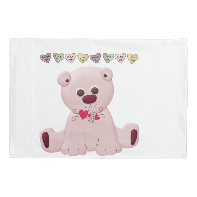 Pillow Case White Pink Teddy Bear Love  (Back)