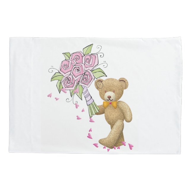 Pillow Case White Teddy Bear Floral  (Back)