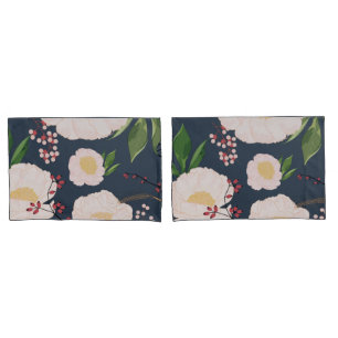 Pillow Cases White Floral Flowers on Dark Blue