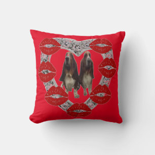 Pillow Diamond Heart With Bassets & Kisses