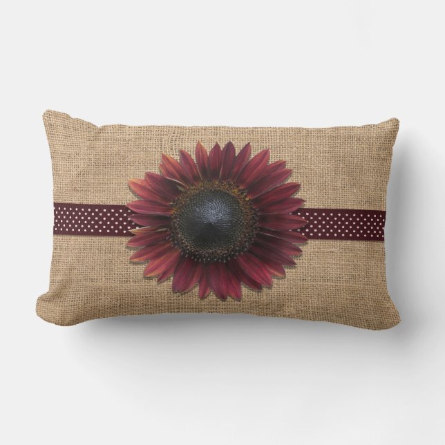 Pillow - Lumbar - Burlap and Bordeaux Sunflower (Front)