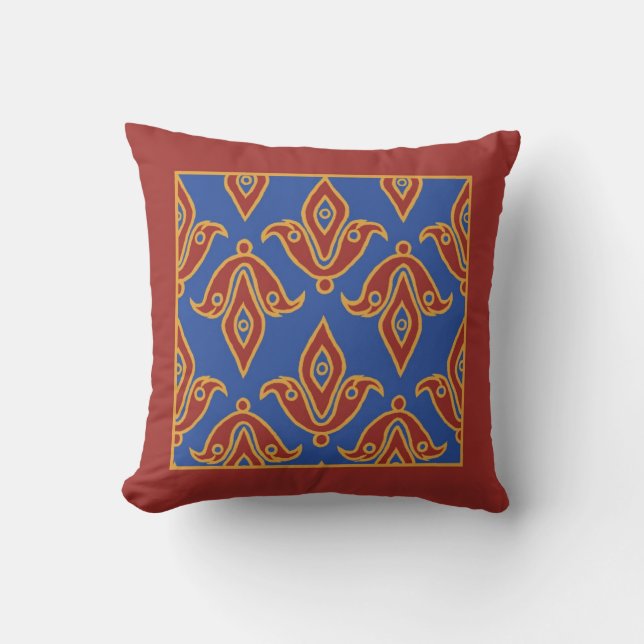 Pillow, Maroon, Blue, Gold, Fleur de Lys Pattern Cushion (Front)