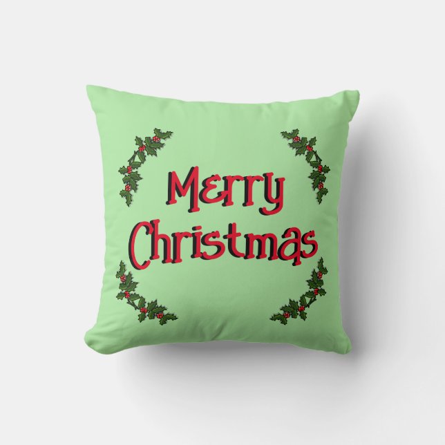 Pillow - Merry Christmas and Holly Branches (Front)