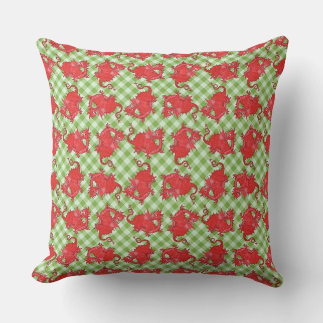 Pillow or Cushion Cute Red Dragon on Green Gingham (Front)