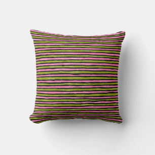 Pillow, Painted Stripes, Mustard Green and Pink Cushion