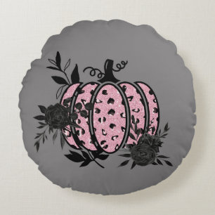 Pillow, Pink and Black Floral/Leopard Pumpkin Round Cushion
