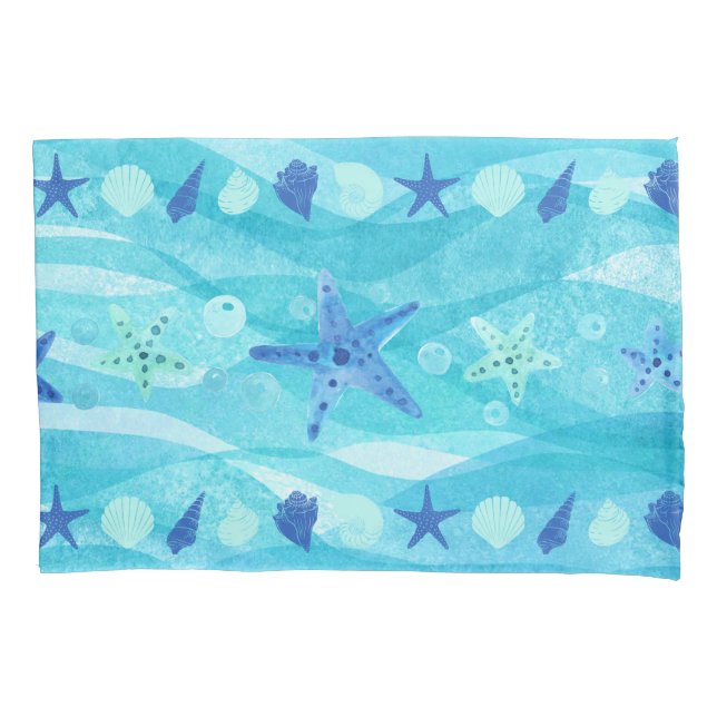 Pillowcase Blue Aqua Starfish Seashell Ocean Waves (Front)