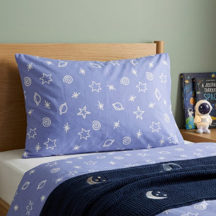 Pillowcase Blue Space Doodle Stars Planets