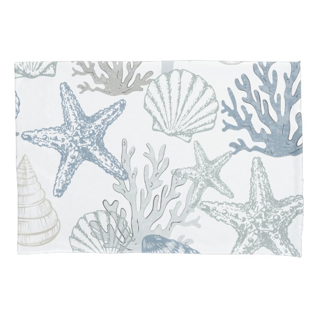 Pillowcase Blue Starfish Seashells Coastal Beach (Front)
