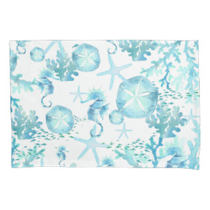 Pillowcase Teal Blue Seahorse Sanddollar Seashell 