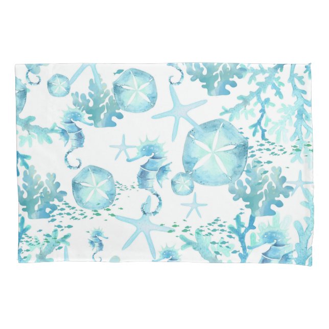 Pillowcase Teal Blue Seahorse Sanddollar Seashell  (Front)