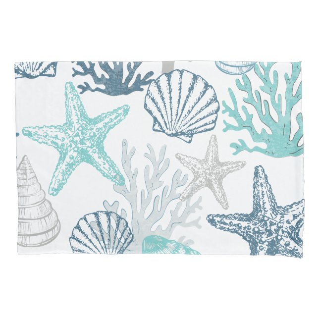 Pillowcase Teal Blue Seashells Starfish Coastal (Front)