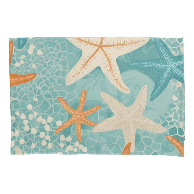 Pillowcase Teal Orange Starfish Beachy Coastal (Front)