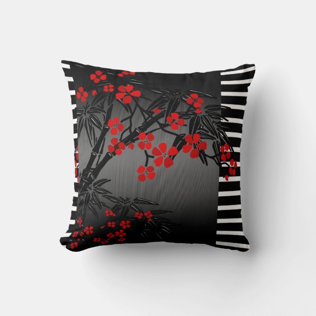 Pillows Asian Black Red Bamboo Blossom (Front)