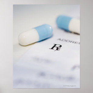 Pills on written prescription poster