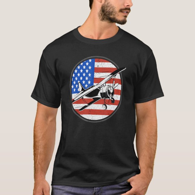 Pilot Aeroplane American Flag Plane Aviation 4th O T-Shirt (Front)