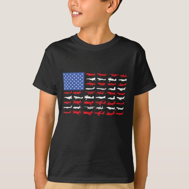 Pilot Aeroplane American Flag Plane Aviation T-Shirt (Front)