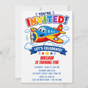 Pilot Aeroplane Birthday Boy 5th Birthday Party Invitation
