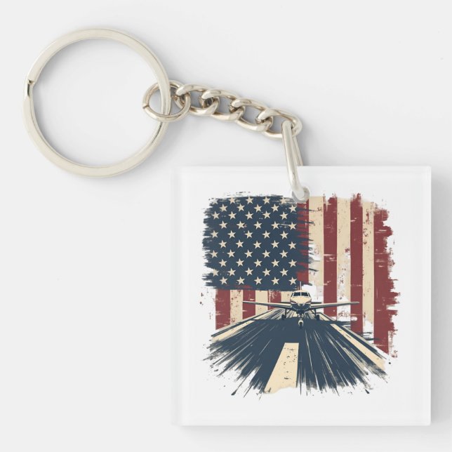 Pilot Airplane American Flag Plane Aviation Key Ring (Front)
