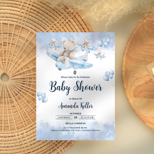 Pilot Bear in the Sky – Blue Baby Shower Invitation (Creator Uploaded)