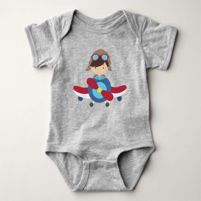 Pilot Boy, Aeroplane, Plane, Flying, Brown Hair Baby Bodysuit (Front)