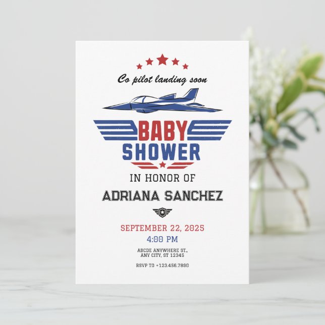 Pilot fighter plane baby shower invitation (Standing Front)
