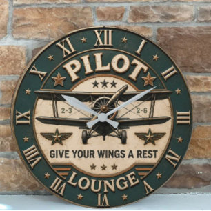Pilot Lounge Vintage Biplane Classic Aviation Large Clock