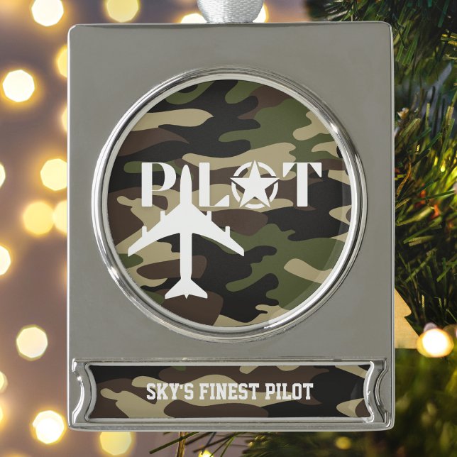 Pilot & Military aeroplane, Camouflage, Minimalist Silver Plated Banner Ornament (Creator Uploaded)